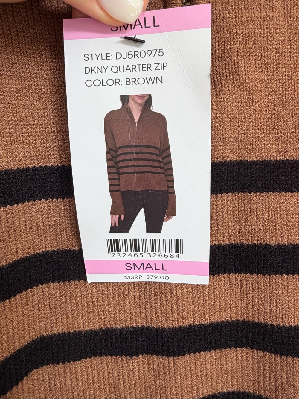 NEW Women's Brown Black Stripe DKNY Quarter Zip Sweater Size S - Picture 5 of 13